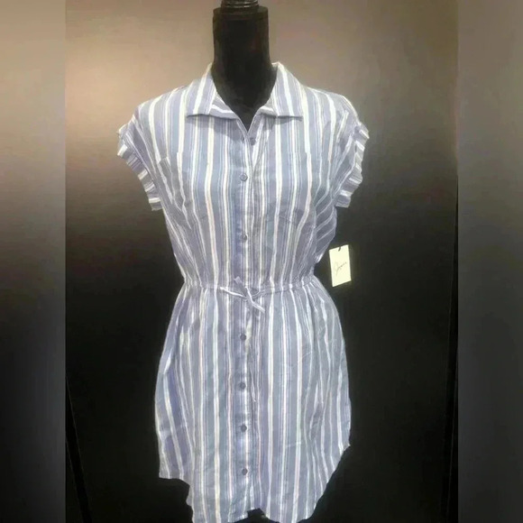 Japna Midi Dress,Button Down,cap sleeve,pockets high low hem,vertical stripe - Picture 1 of 10